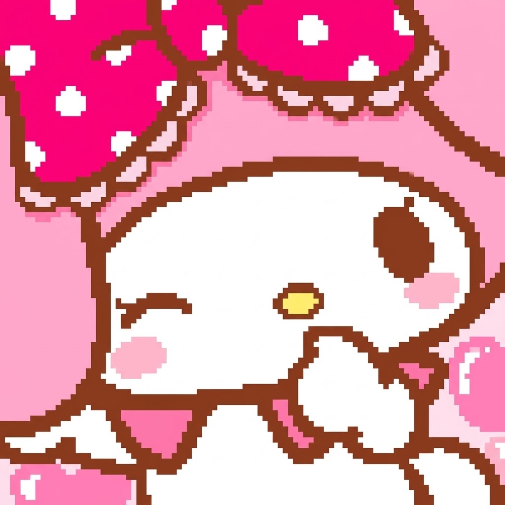 Pixel-art Hello Kitty holding a strawberry